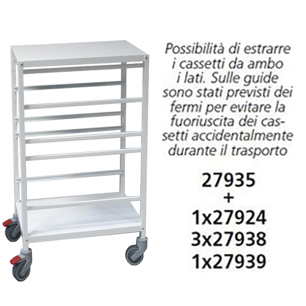 CARRELLO SANITARIO EMERGENZA ISO in acciaio - con 5 coppie di guide per cestelli - 65x47xh.100cm
