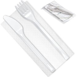 KIT POSATE MONOUSO BIS IN PLASTICA BIO - coltello, forchetta, tovagliolo - conf.100pz