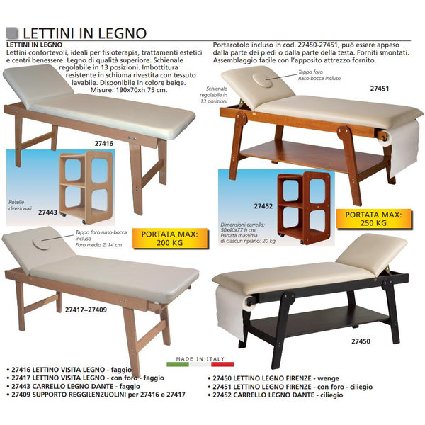 LETTINO VISITA MEDICA 13 POSIZIONI in legno di faggio - 190x70xh.75cm - portata 150kg - crema