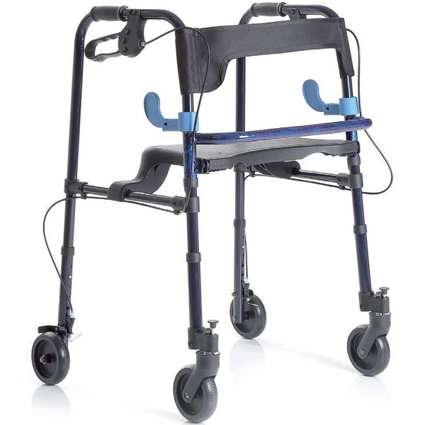 DEAMBULATORE PIEGHEVOLE DA ESTERNO / ROLLATOR - 4 RUOTE con freni - sedile e schienale - portata 130kg - blu