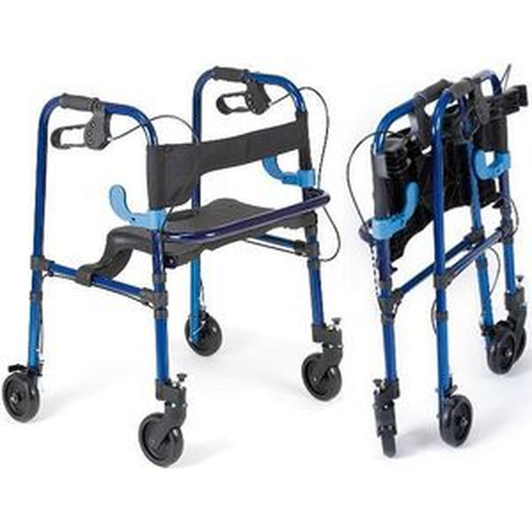 DEAMBULATORE PIEGHEVOLE DA ESTERNO / ROLLATOR - 4 RUOTE con freni - sedile e schienale - portata 130kg - blu