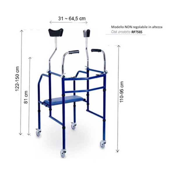 DEAMBULATORE PIEGHEVOLE ASCELLARE - 4 RUOTE con freni - altezza regolabile - portata 130kg