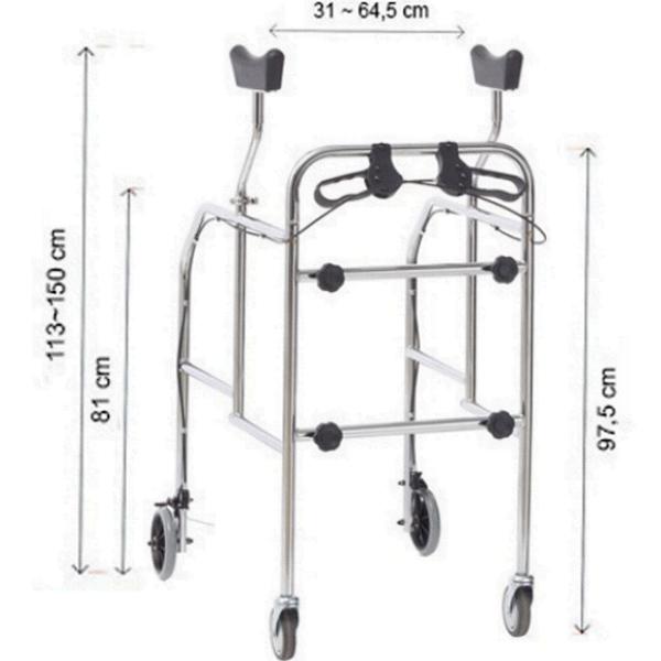 DEAMBULATORE PIEGHEVOLE ASCELLARE - 4 RUOTE con freni - altezza regolabile - portata 130kg