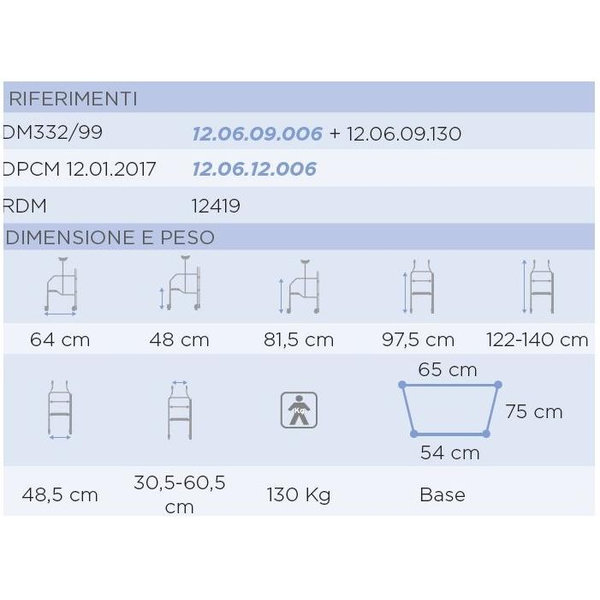DEAMBULATORE PIEGHEVOLE ASCELLARE - 4 RUOTE con freni - altezza regolabile - portata 130kg